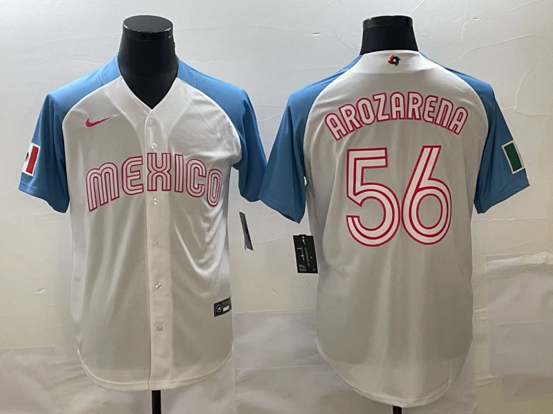 Men's Mexico Baseball #56 Randy Arozarena 2023 White Blue World Baseball Classic Stitched Jersey Men's Mexico Baseball #56 Randy Arozarena 2023 White Blue World Baseball Classic Stitched Jersey